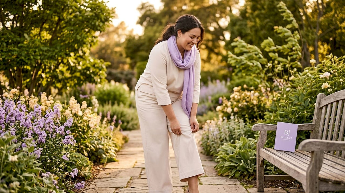Plus size woman modeling sustainable outfit outdoors