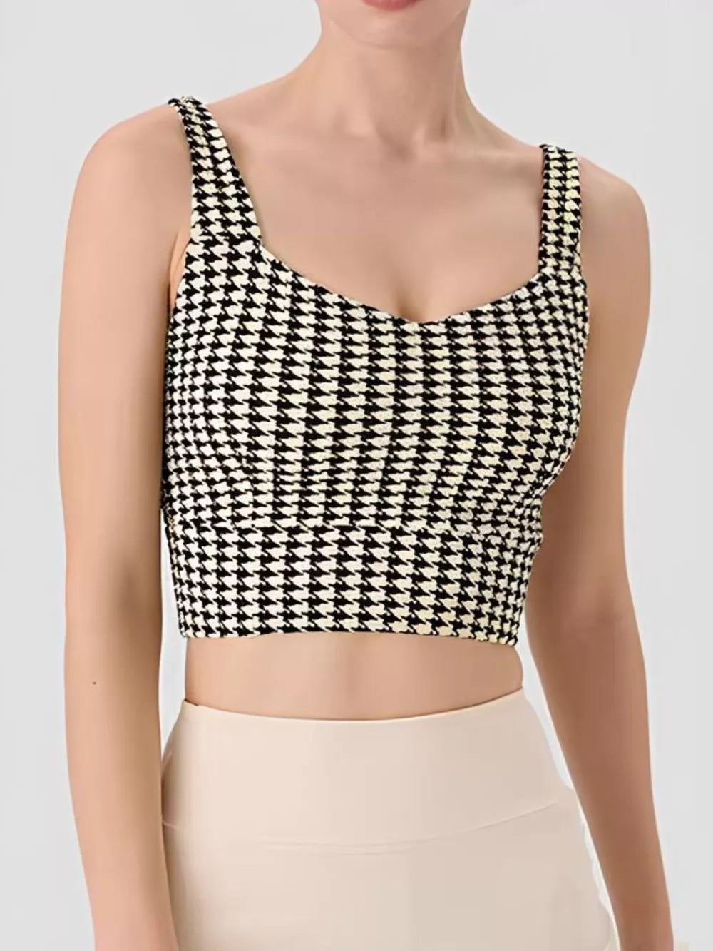 Crisscross Back Houndstooth Active Bra - Plaid, side view on model - Be Juliet