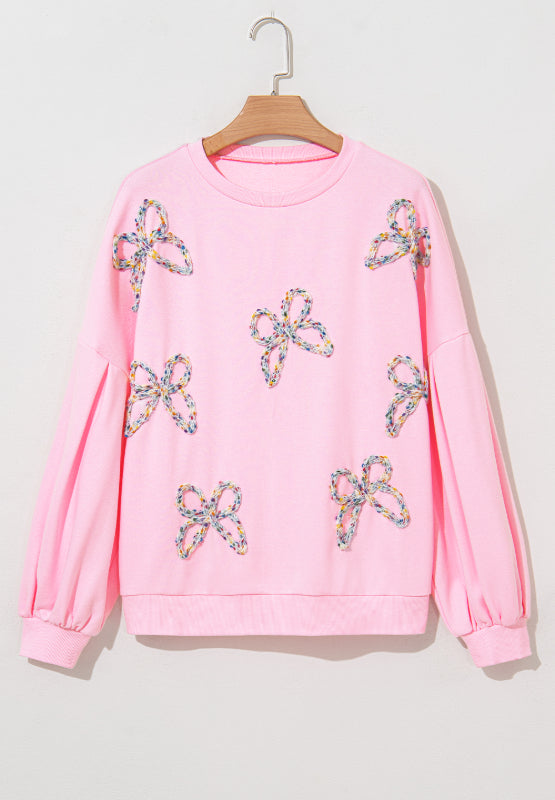 Bow Round Neck Long Sleeve Sweatshirt - Cream, side view on model - Be Juliet