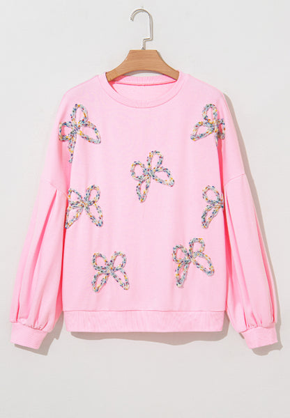Bow Round Neck Long Sleeve Sweatshirt - Cream, side view on model - Be Juliet