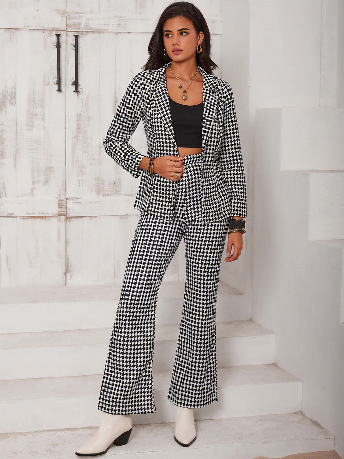 Ana Lisa Checkered Blazer & Slit Pants Set - Plaid, close-up blazer lapel detail - Be Juliet