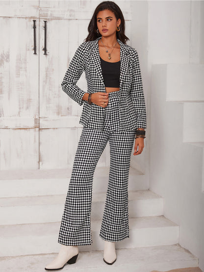Ana Lisa Checkered Blazer & Slit Pants Set - Plaid, close-up blazer lapel detail - Be Juliet