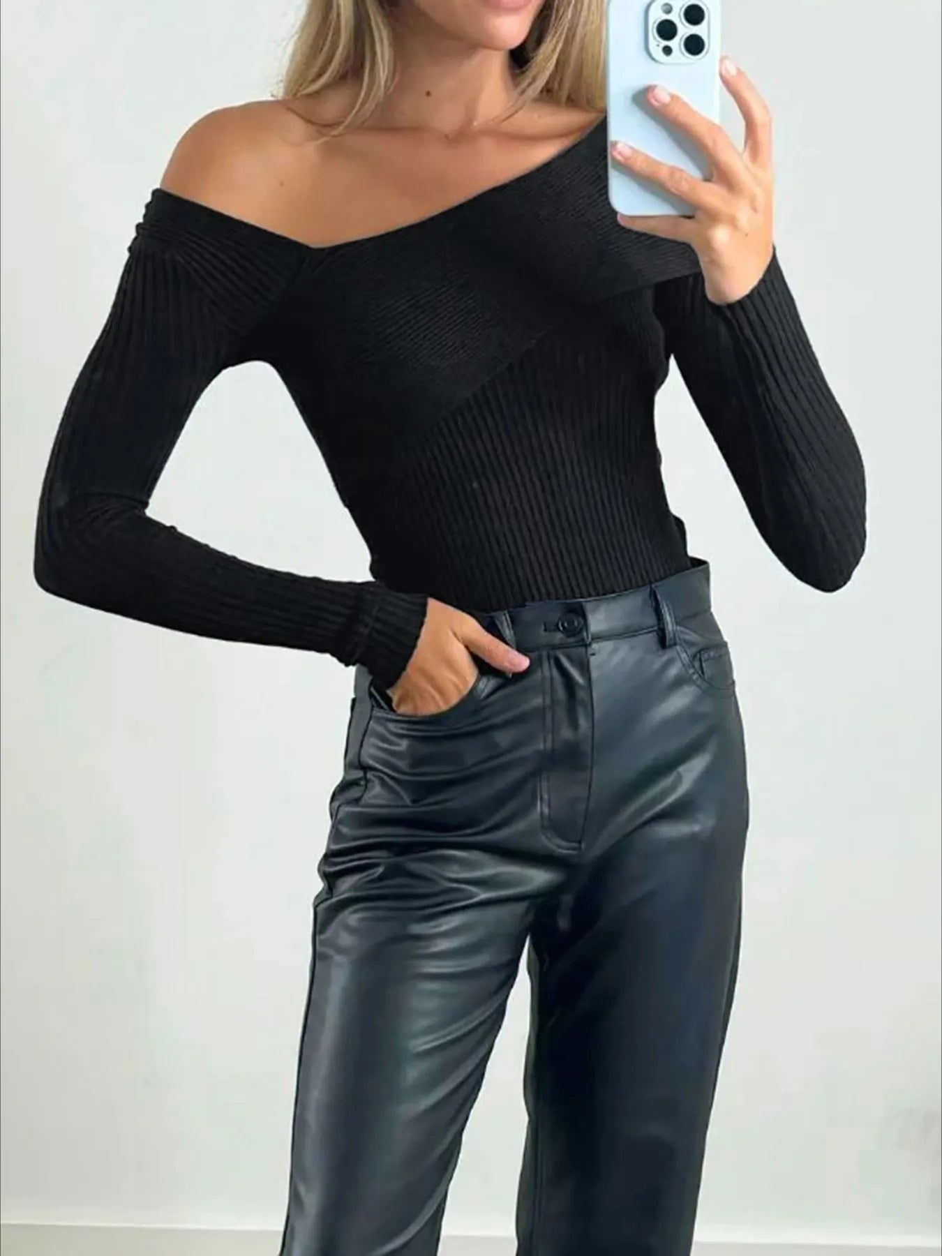 Off-Shoulder Ribbed Knit Top - Black, flat lay back view - Be Juliet