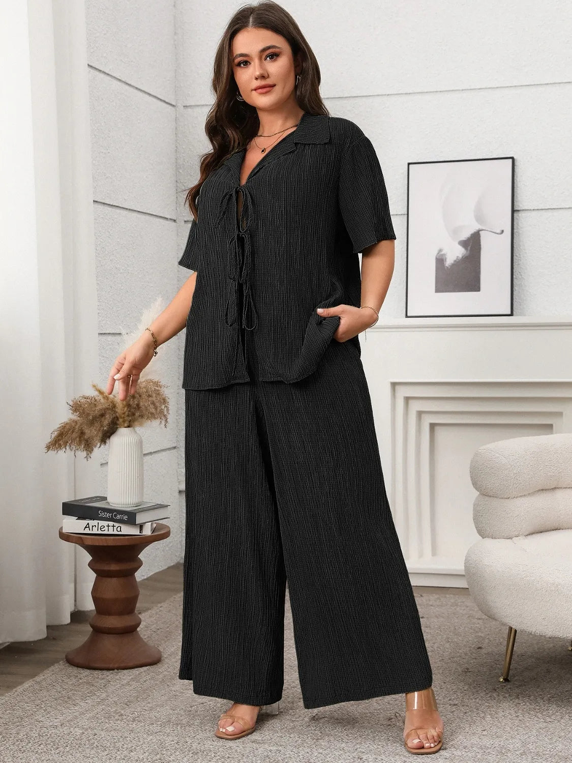 Tie Front Short Sleeve Top & Pants Set – Plus Size - Matcha Green, 3/4 angled view on model - Be Juliet