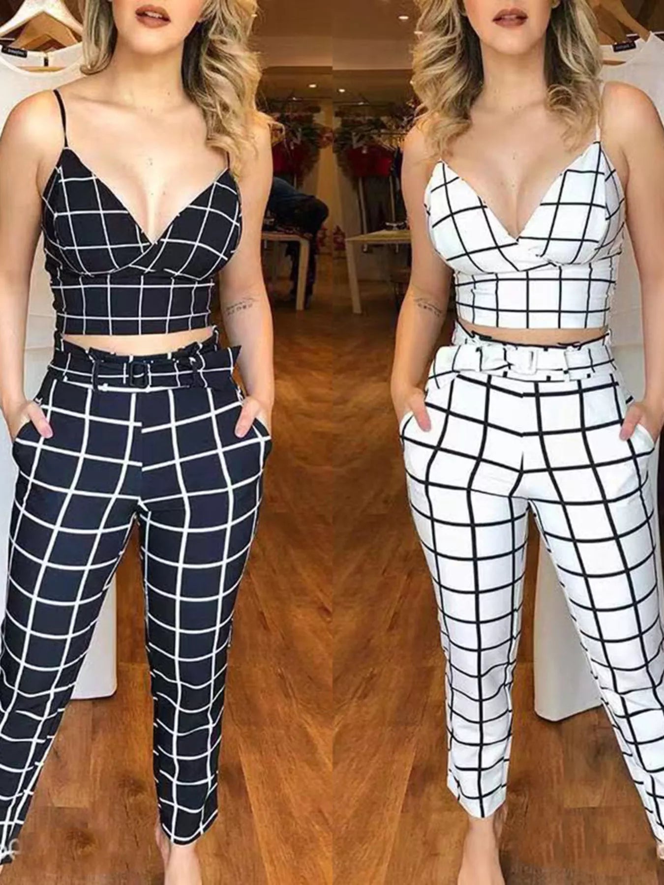Grid Print Crop Top and Pants Set - both colorways comparison front view on model - Be Juliet