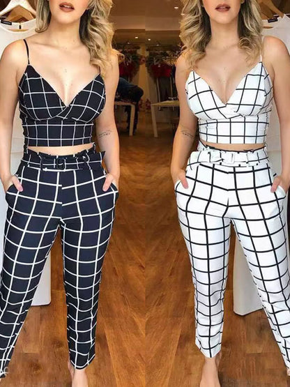 Grid Print Crop Top and Pants Set - both colorways comparison front view on model - Be Juliet