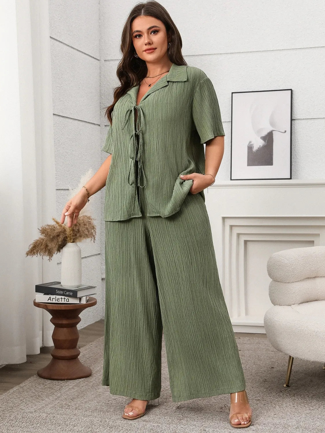 Tie Front Short Sleeve Top & Pants Set – Plus Size - Black, side view on model - Be Juliet