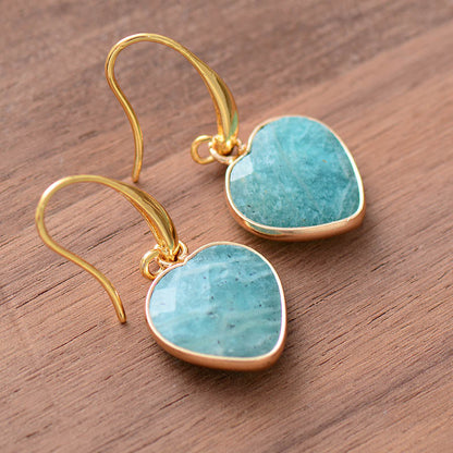 Natural Stone Heart Drop Earrings - Aqua, 3/4 angled view on model - Be Juliet