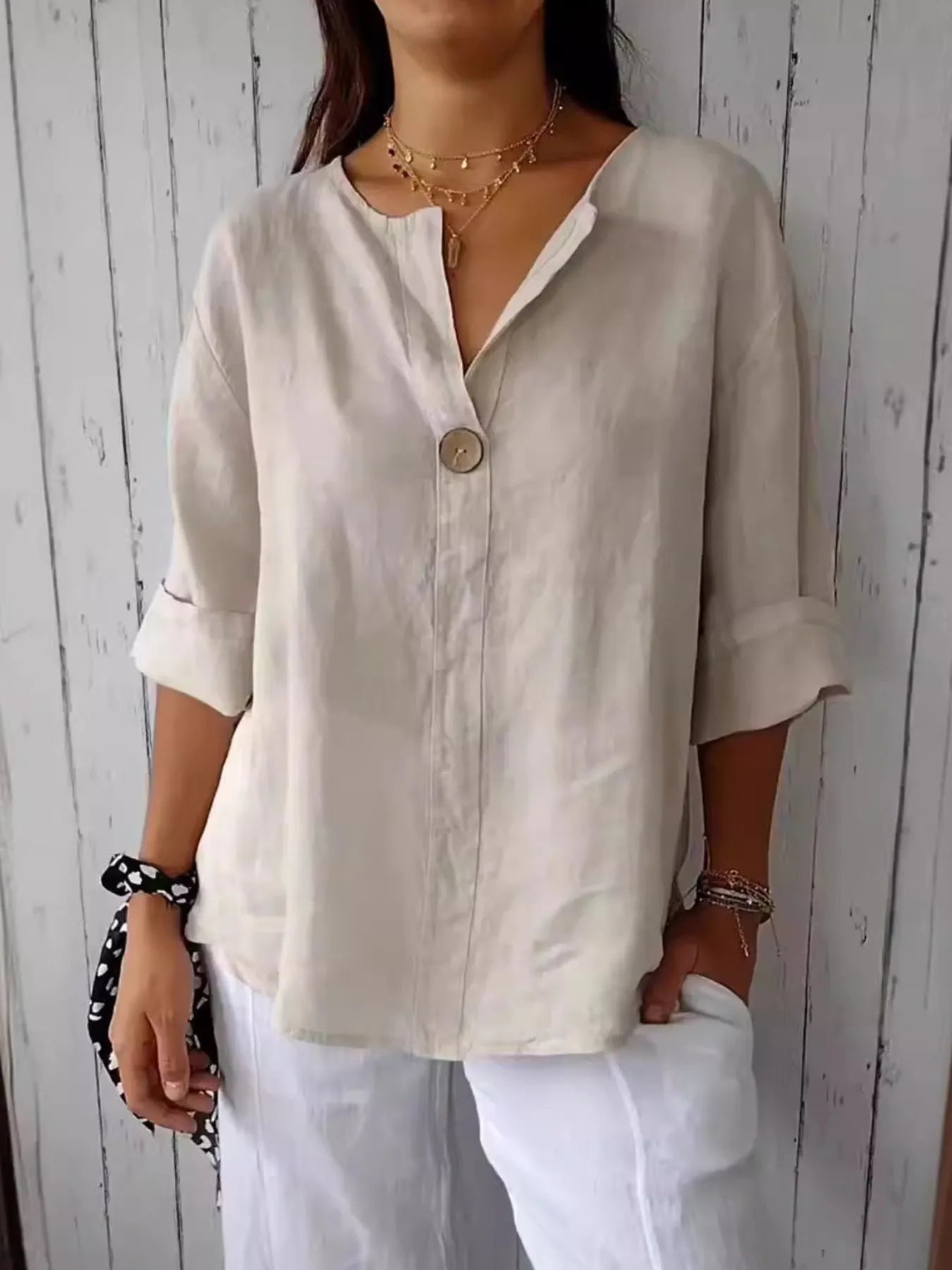 Catalina Notched Linen-Blend Blouse — Plus Size - Be Juliet
