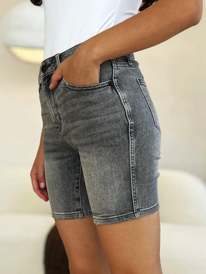 The Noelle Denim Cutoff Shorts - GREY, back view on model - Be Juliet