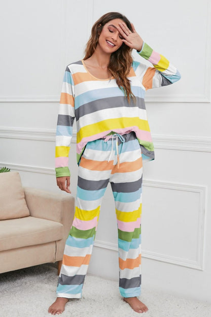 Striped Round Neck Long Sleeve Top and Drawstring Pants Lounge Set - Be Juliet