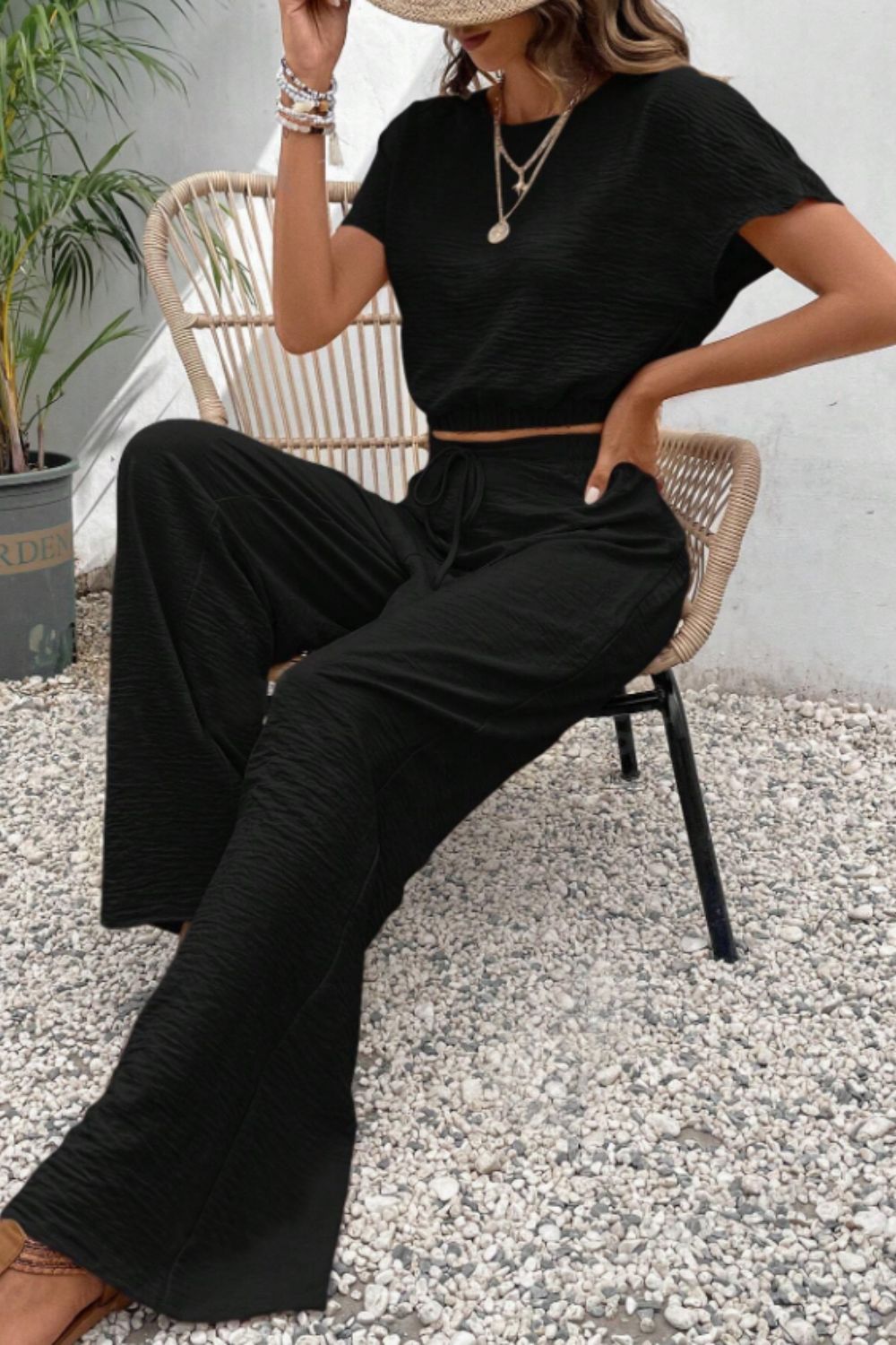 Round Neck Short Sleeve Top and Pants Set - Black, side view on model - Be Juliet