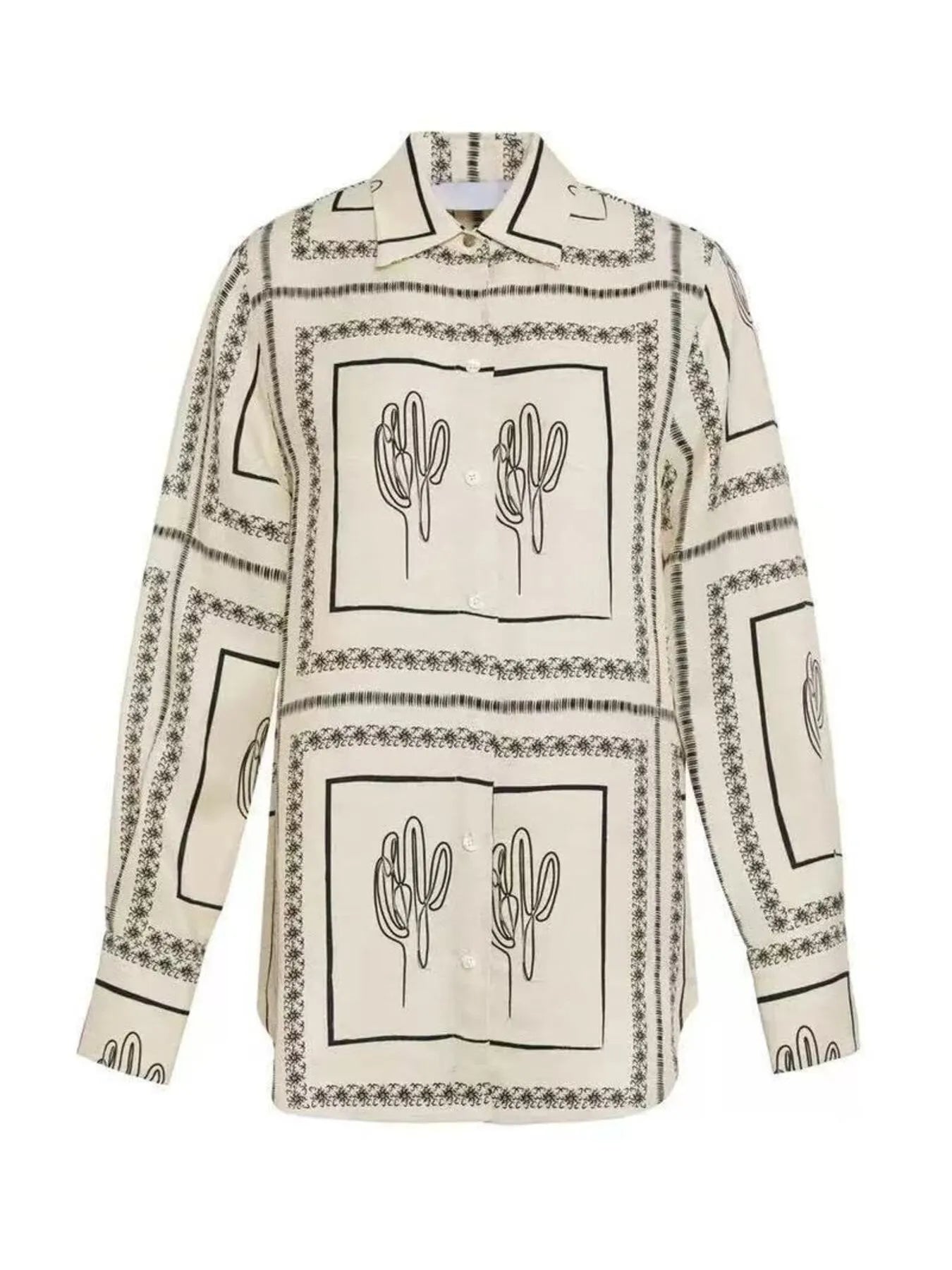 Catalina Printed Button-Up Shirt &amp; Pants Set - Beige, 3/4 angled view on model - Be Juliet