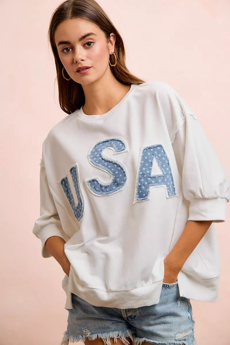 BiBi 4th Of July Usa Letter Patchwork French Terry Top - Ivory, flat lay back view - Be Juliet