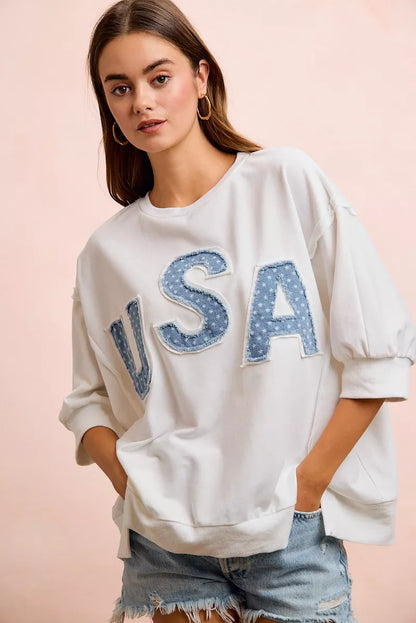 BiBi 4th Of July Usa Letter Patchwork French Terry Top - Ivory, flat lay back view - Be Juliet