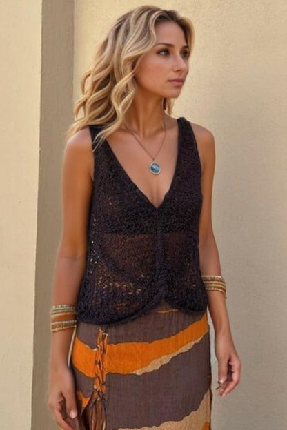 Openwork V-Neck Tank - Black, back view on model - Be Juliet