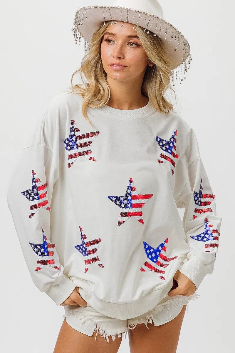 Sequin Star Flag Sweatshirt – Oversized Fit - OFF WHITE, side view on model - Be Juliet