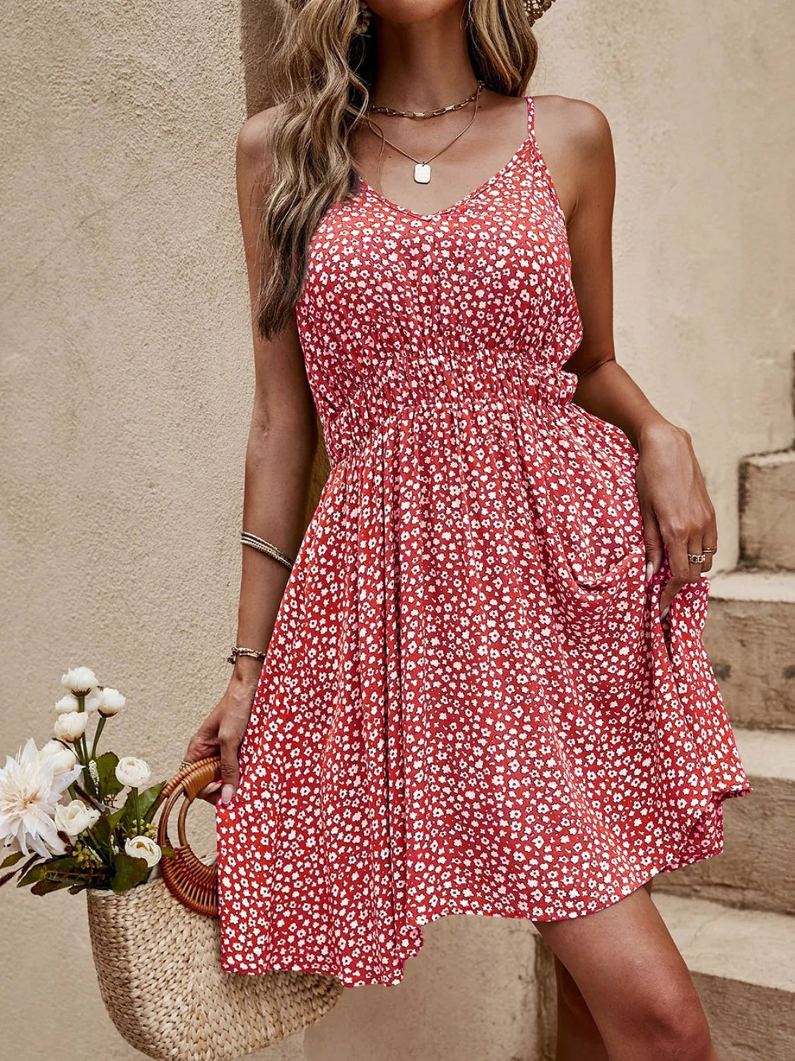 Monika Floral V-Neck Mini Cami Dress - side view showing mini length - Be Juliet