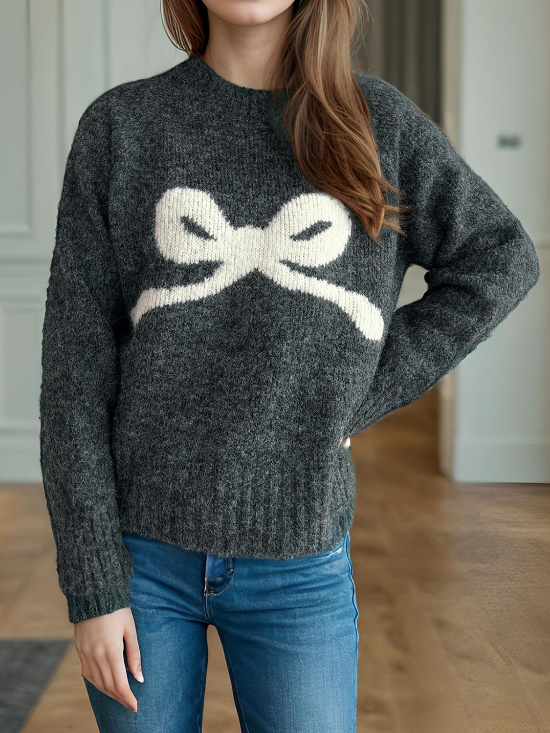 Bow Round Neck Long Sleeve Sweater - Gray, side view on model - Be Juliet