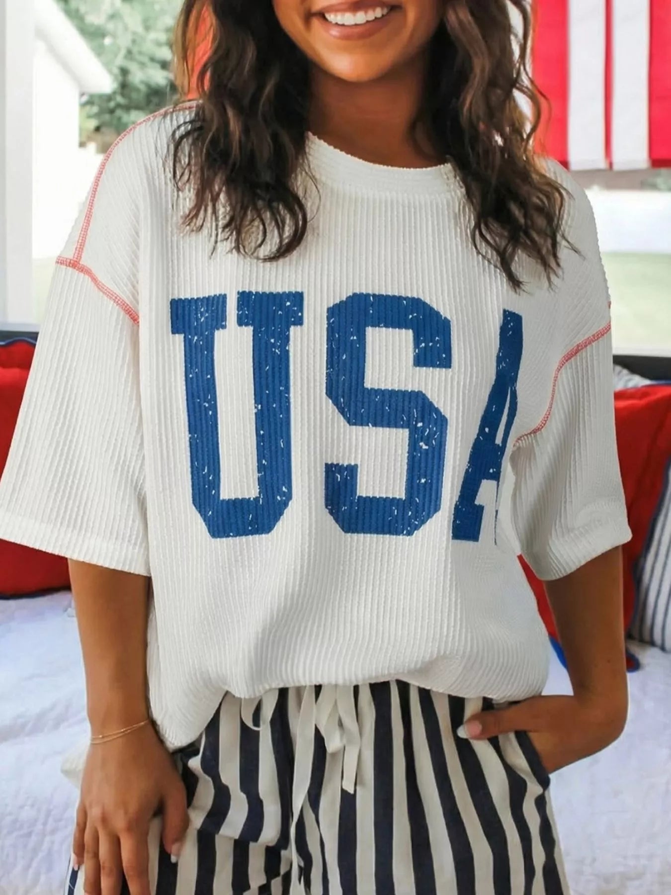 USA Graphic Half Sleeve Loose Ribbed Top - White, front view on model - Be Juliet