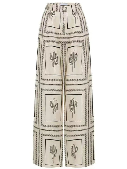 Catalina Printed Button-Up Shirt &amp; Pants Set - Beige, close-up detail - Be Juliet