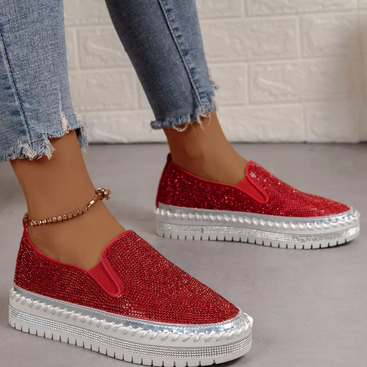 Rhinestone Round Toe Platform Loafers - Be Juliet