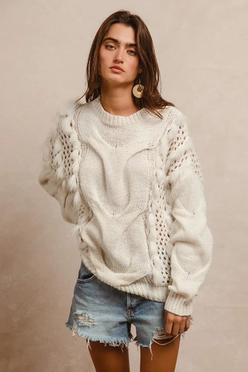 BIBI Faux Fur Detailed Pointelle Cable Knit Sweater - Be Juliet