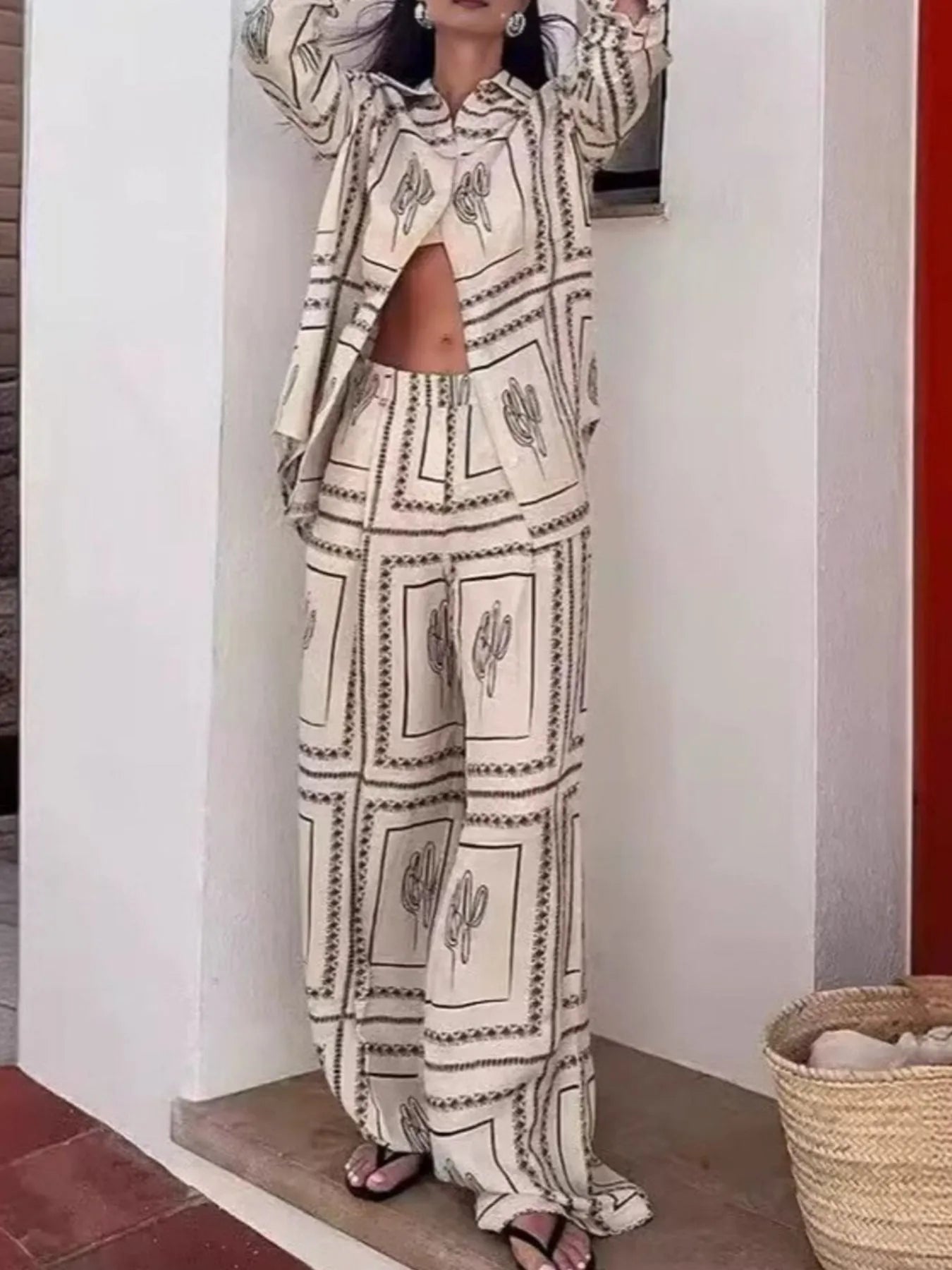 Catalina Printed Button-Up Shirt &amp; Pants Set - Beige, side view on model - Be Juliet