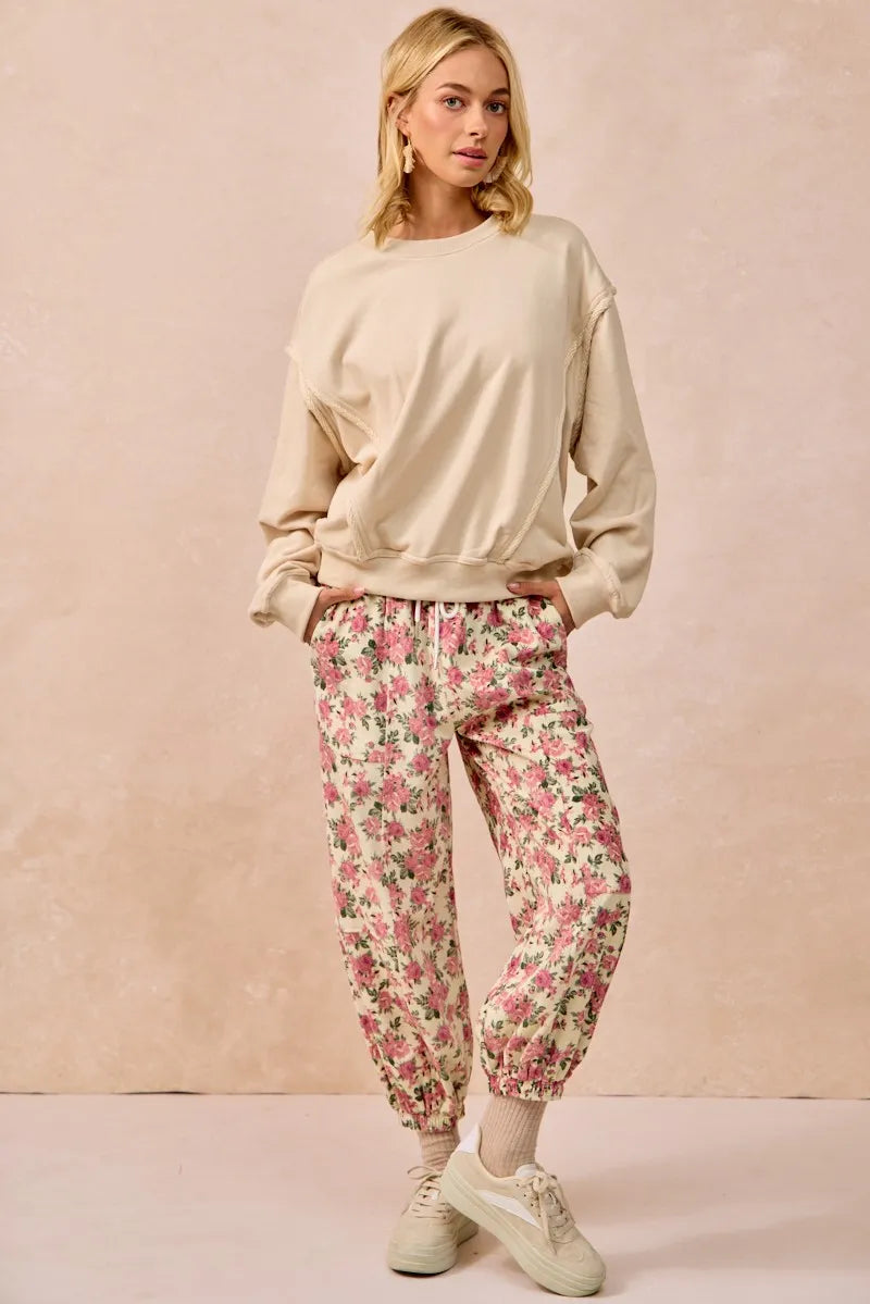 Floral Printed Twill Drawstring Pants - Be Juliet