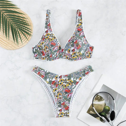 Claire Flower Print High Waist Bikini Set - floral, side view high-waist detail - Be Juliet