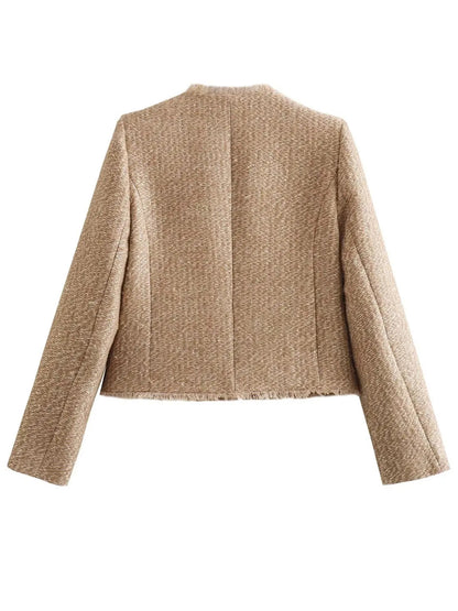 Raw Hem Pocketed Round Neck Jacket - Be Juliet
