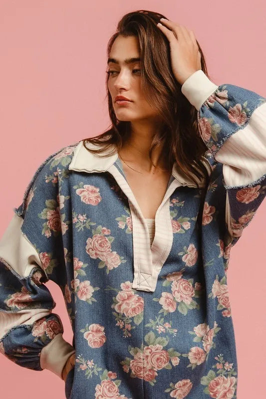 Chantalle Floral Denim Romper – Contrast Collar - Be Juliet