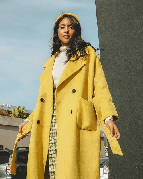 Be Juliet Serena Double Breasted Trench Coat yellow, cropped front view, large patch pocket with lapel