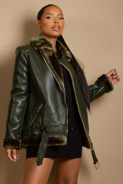 Faux Fur Collar Aviator Jacket - Wine, back view on model - Be Juliet
