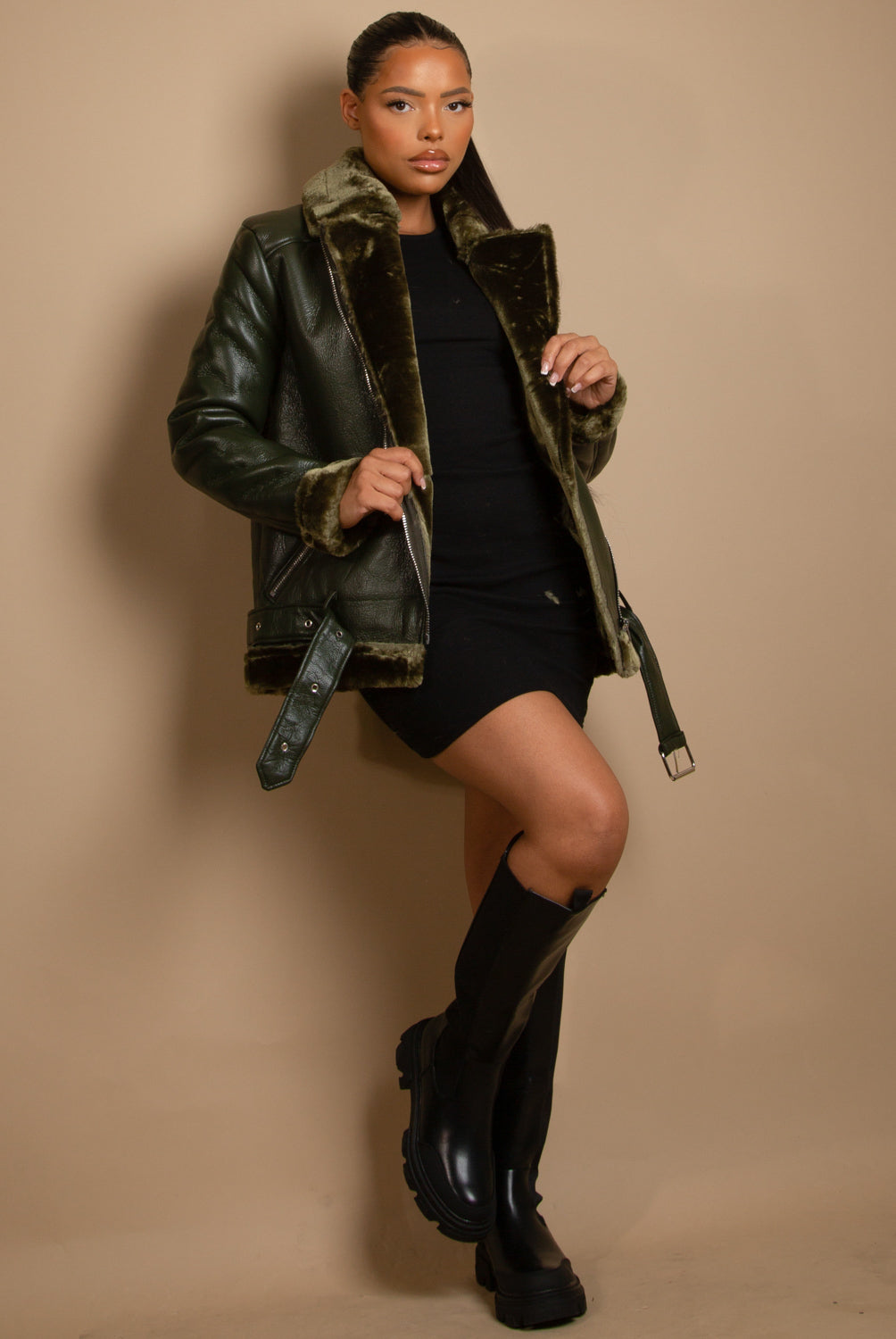 Faux Fur Collar Aviator Jacket - Khaki, back view on model - Be Juliet