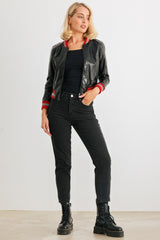 PU Leather Baseball Collar Long Sleeve Jacket