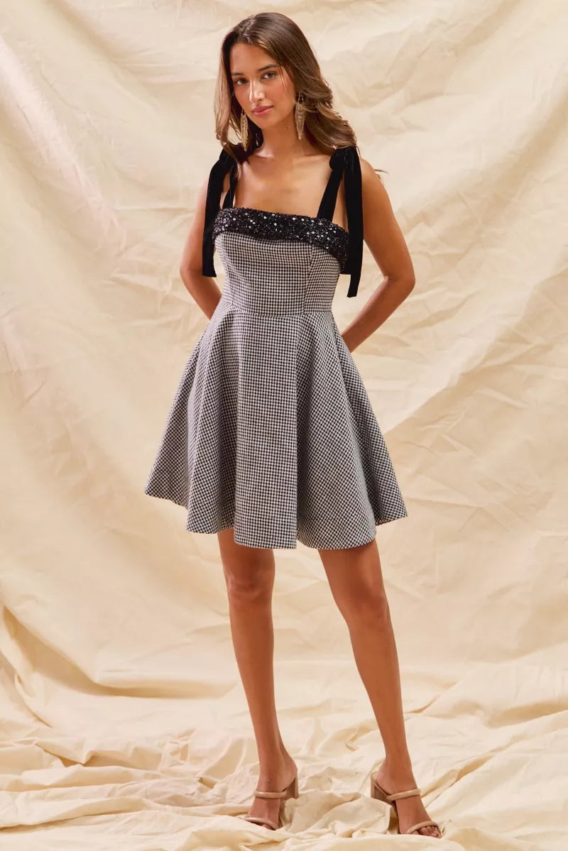Sophie Houndstooth Tie-Shoulder Mini Dress - Be Juliet