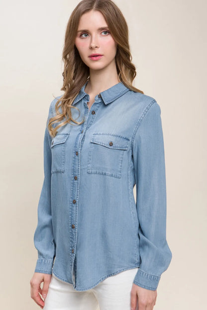 Love Tree Scooped Hem Button Up Denim Shirt - Be Juliet