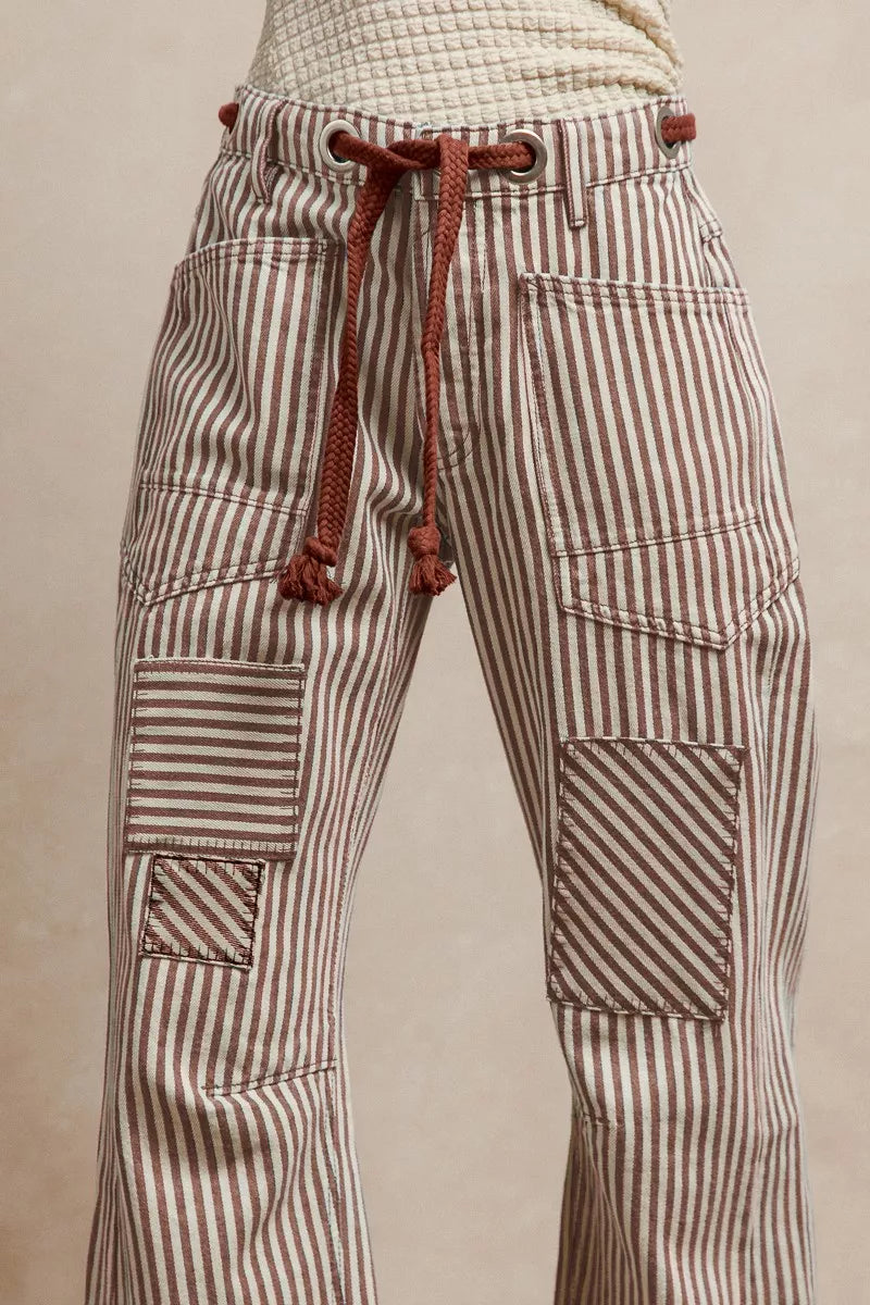 BiBi Drawstring Striped Twill Barrel Pants - Be Juliet
