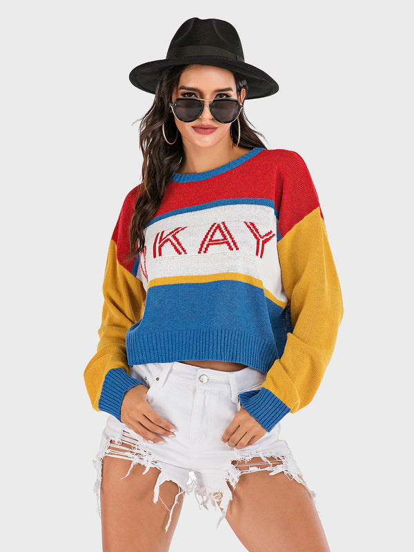 Perfee OKAY Contrast Long Sleeve Sweater