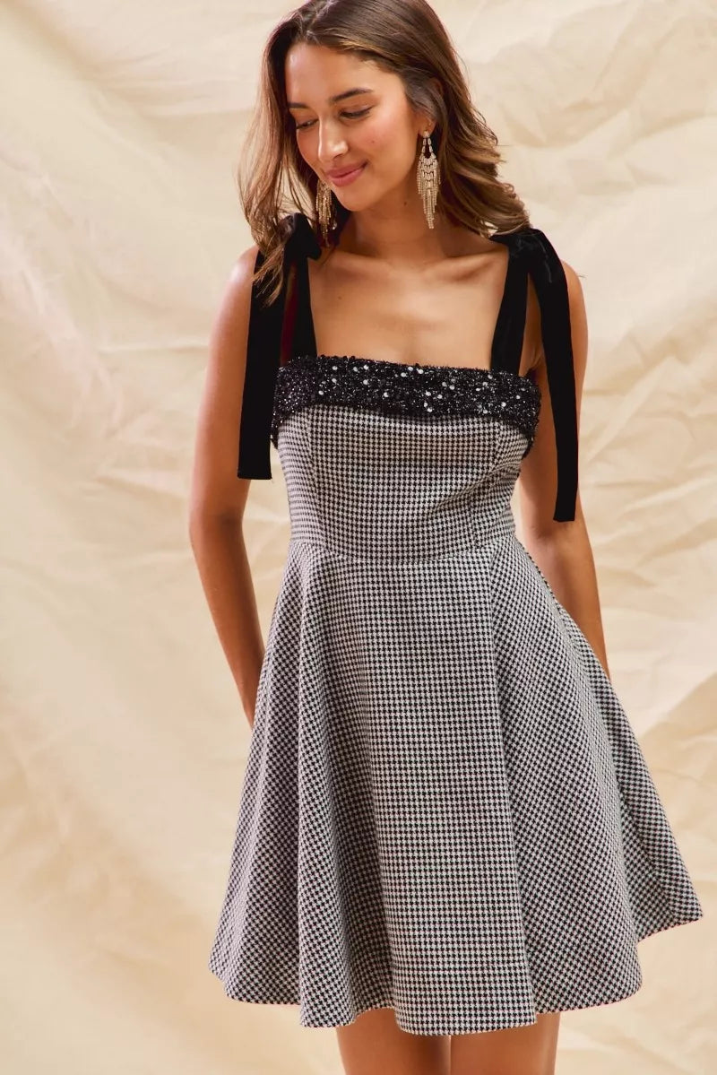 Sophie Houndstooth Tie-Shoulder Mini Dress - Be Juliet