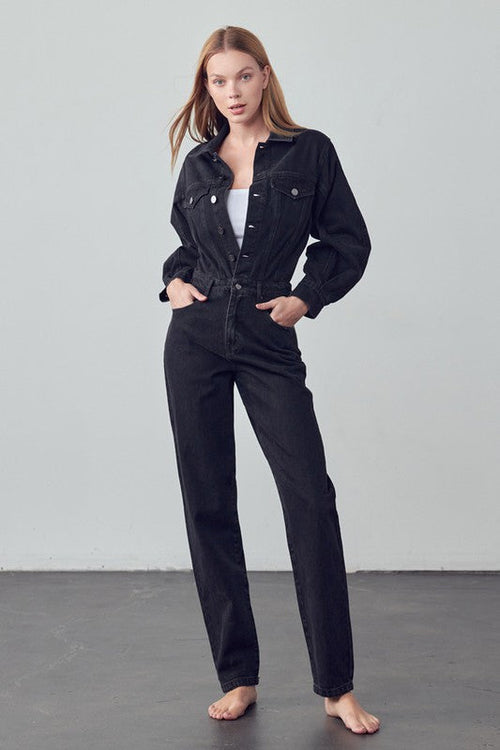 Camille High Waist Flap Pocket Denim Jumpsuit