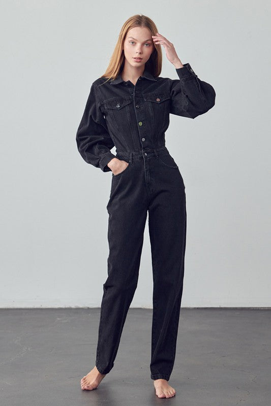 Camille High Waist Flap Pocket Denim Jumpsuit - Be Juliet
