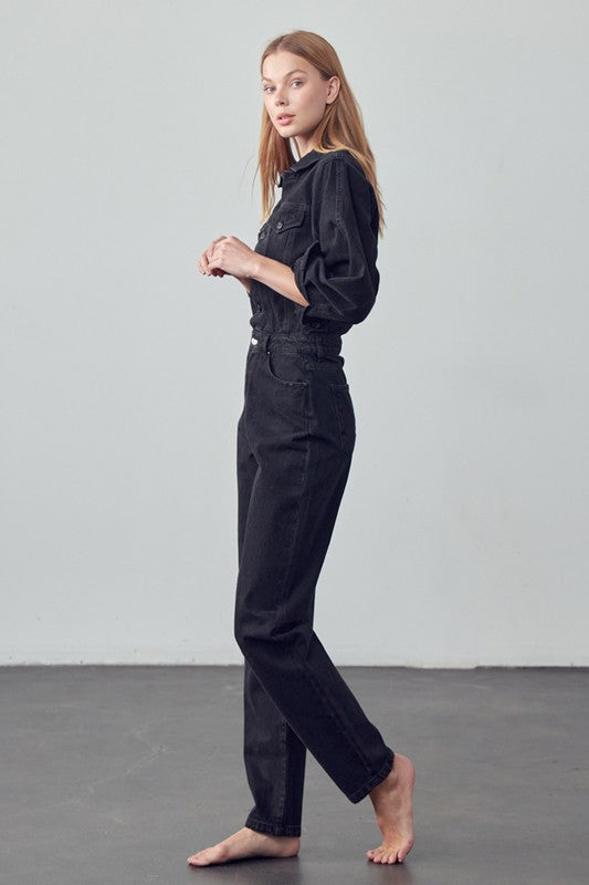 Camille High Waist Flap Pocket Denim Jumpsuit