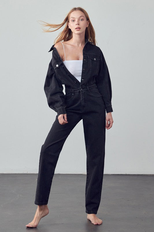 Camille High Waist Flap Pocket Denim Jumpsuit - Be Juliet