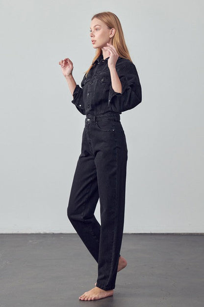 Camille High Waist Flap Pocket Denim Jumpsuit - Be Juliet
