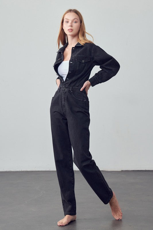 Camille High Waist Flap Pocket Denim Jumpsuit - Be Juliet