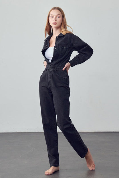 Camille High Waist Flap Pocket Denim Jumpsuit - Be Juliet