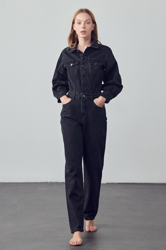 Camille High Waist Flap Pocket Denim Jumpsuit - Be Juliet