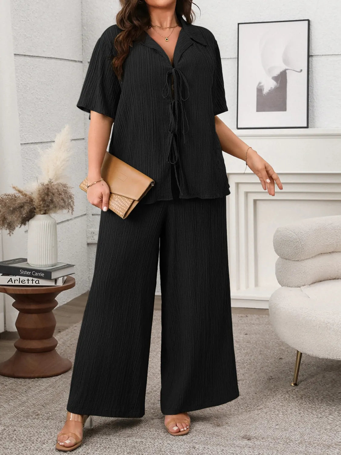 Tie Front Short Sleeve Top & Pants Set – Plus Size - Black, front view on model - Be Juliet